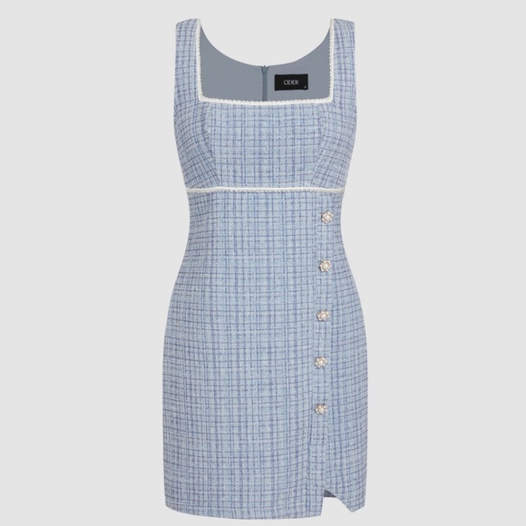 NWT CIDER Blue Tweed with Faux Pearl and Rhinestones Mini Dress Size Small - Picture 1 of 11